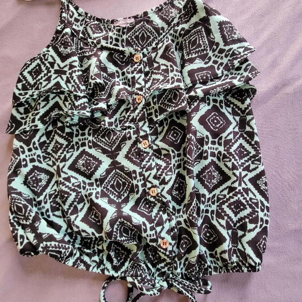 Charlotte Russe Green and Black Ruffled Sleeveless Blouse